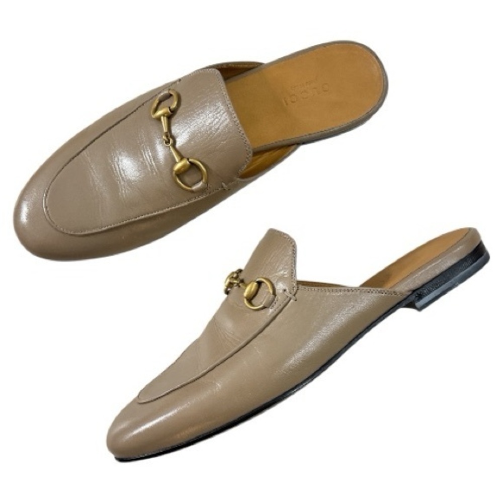 GUCCI Princetown Horsebit Leather Slipper Mules in Mud Taupe Size 37.5